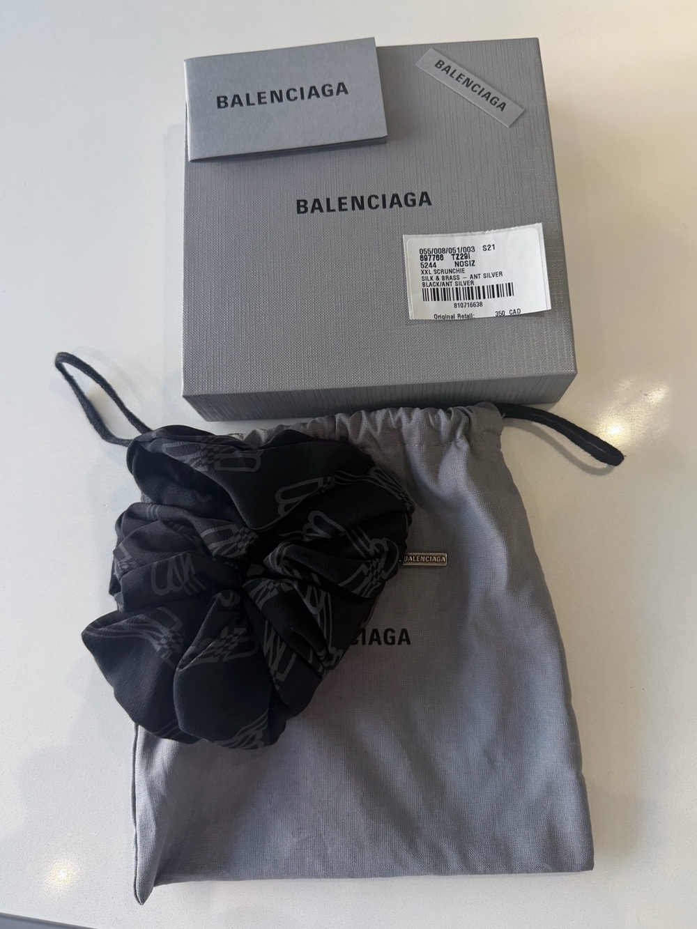 Balenciaga XXL BB Monogram Silk Scrunchie | Black & Grey
